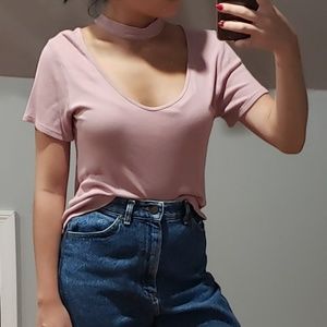Choker Collar V-Neck Ripped Pink Short Sleeve Top